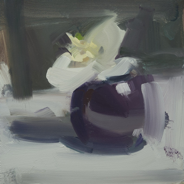 Tea cup and orchid, oil on panel, 10 x 10, 1-2015